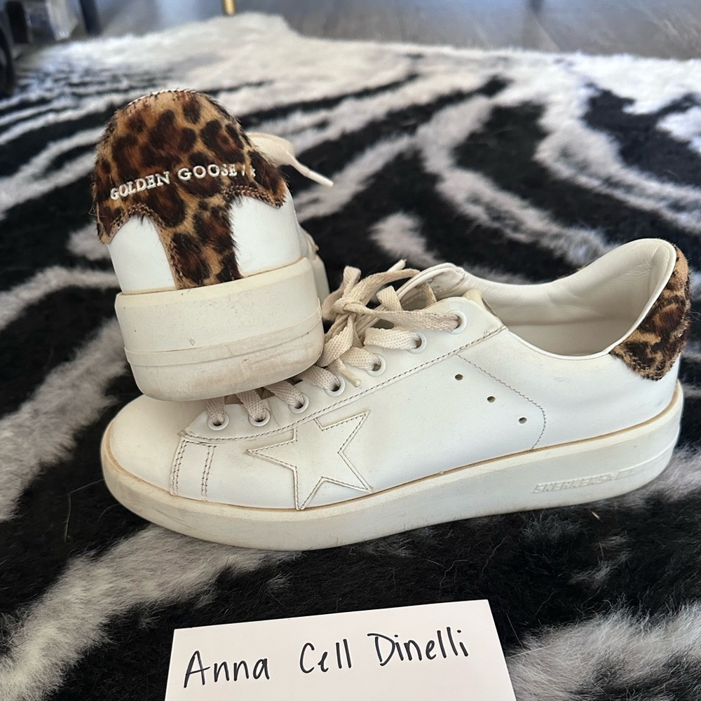 Purestar Golden Goose White Leather Sneakers with Leopard Heel Tab